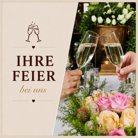 Gläser mit Sekt stoßen an, umgeben von Blumen auf einem festlichen Tisch.